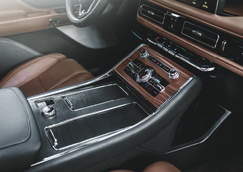 The front center console of a 2024 Lincoln Aviator® SUV is shown | Allan Vigil Lincoln, Inc. in Morrow GA
