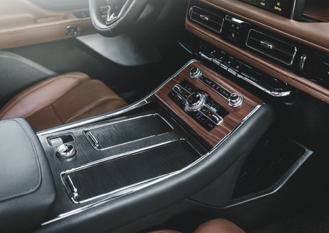 The front center console of a 2024 Lincoln Aviator® SUV is shown | Allan Vigil Lincoln, Inc. in Morrow GA