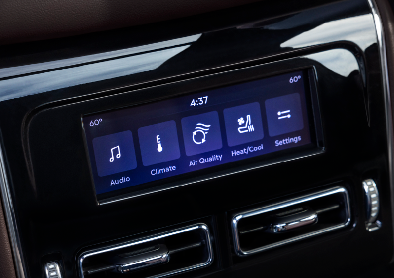 Driver controls like music, temperature, air quality, settings, and heat/cool seats are shown. | Allan Vigil Lincoln, Inc. in Morrow GA