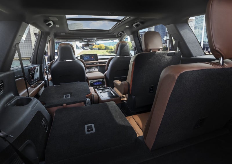 One side of the PowerFold® third-row seat and a second-row seat are folded forward in the 2026 Lincoln Aviator® SUV. | Allan Vigil Lincoln, Inc. in Morrow GA